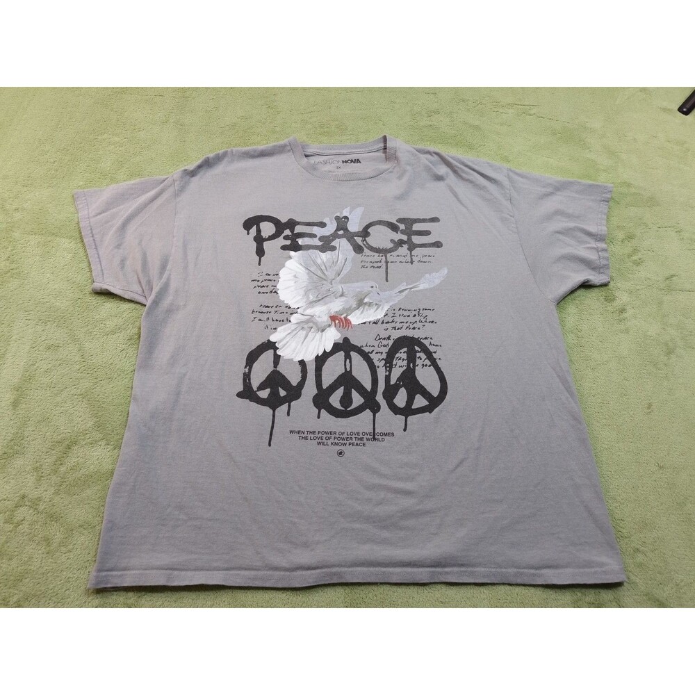 Fashion Nova Graphic Tee Men's 2X Grey Peace Sign Dove Streetwear Crew Neck